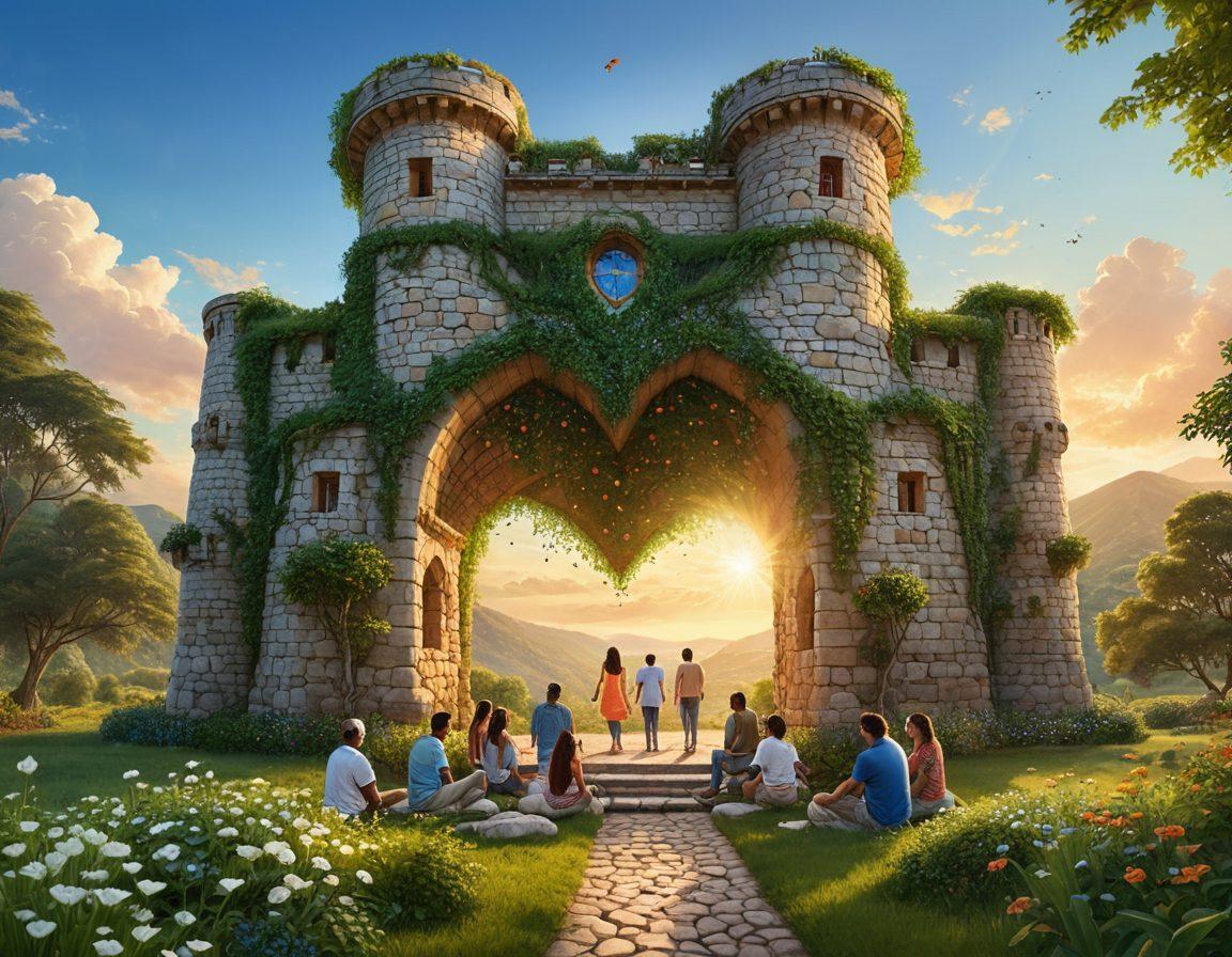 A majestic fortress made of heart-shaped stones, symbolizing security and love, surrounded by lush greenery and a serene blue sky. In the foreground, a diverse group of people joyfully discussing insurance policies with bright smiles, representing trust and optimism. Soft glowing light accents the structure, suggesting warmth and safety. Illustrate the idea of protection and affection through gentle colors and inviting details. vibrant colors. super-realistic.