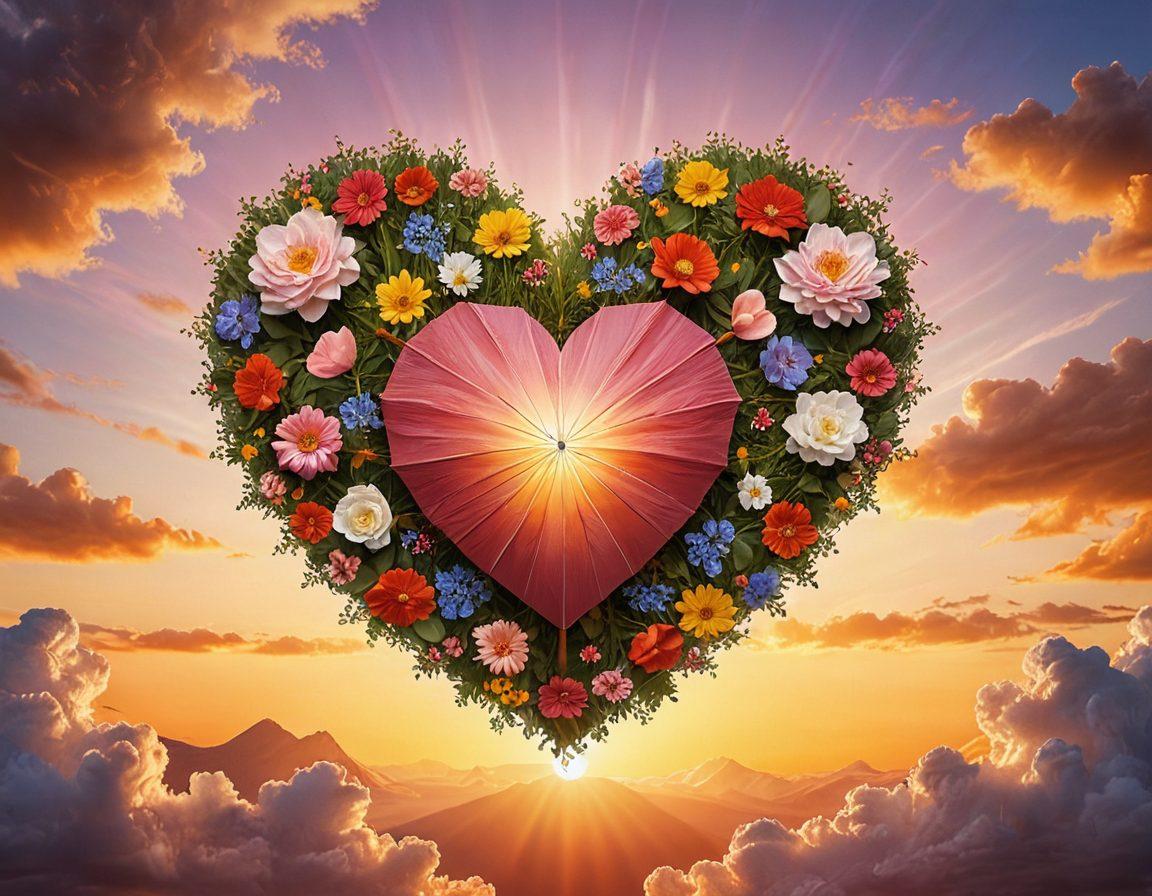 A warm and inviting scene depicting a heart shaped like a shield, surrounded by soft clouds and illustrations of love symbols like hearts, flowers, and caring hands. In the background, a gentle sunset casts a golden glow, symbolizing security and warmth in relationships. Include subtle elements representing insurance, like small protective umbrellas over the heart. The overall vibe should evoke safety and emotional connection. super-realistic. vibrant colors. warm tones.
